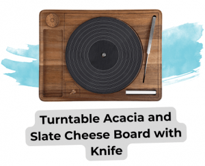 an image of a wood board made to look like a vinyl turntable.