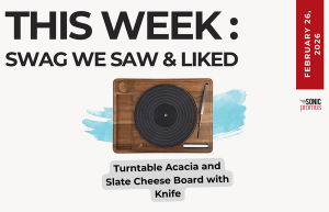Text above reads "This Week: Swag We Saw and Liked." Below is an image of a wood board made to look like a vinyl turntable.
