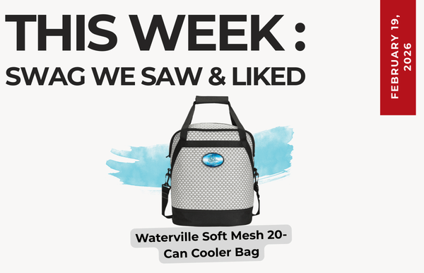 Text above reads "This Week: Swag We Saw and Liked." Below an image of the Waterville Soft Mesh 20-Can Cooler Bag