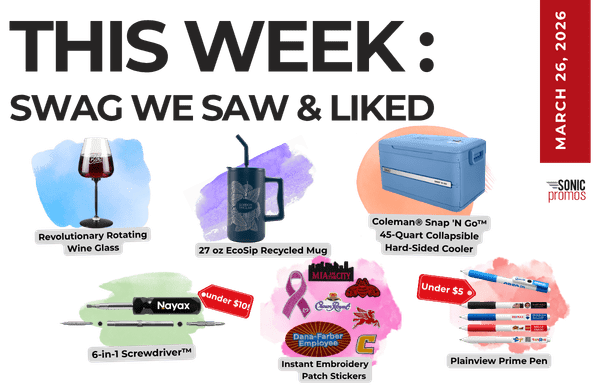 Text above reads "This Week: Swag We Saw and Liked." Below is a collection of images of the items in the blog post