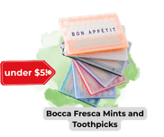 an image of the rectangle shapes bocca fresca pint and toothpick packs. There's a small red label pointing to the packages that says "under $5"