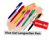 viva longwriter pens in blue, red, yellow, purple, teal white and black. A red label is pointing to the pens and reads "under !"