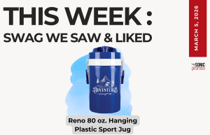 Text above reads "This Week: Swag We Saw and Liked." Below is an image of the Reno 80oz Hanging plastic sport jug in blue