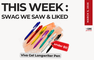 Text above reads "This Week: Swag We Saw and Liked." Below is an image of the full range of viva longwriter pens in blue, red, yellow, purple, teal white and black. A red labek is pointing to the pens and reads "under !"