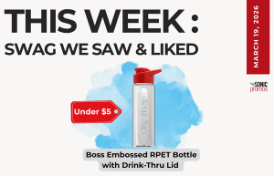 Text above reads "This Week: Swag We Saw and Liked." Below is a picture of the Boss Embossed Rpet bottle with a red lid. A small red tag is pointing to the bottle with the text : Under $5!"