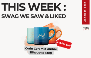 Text above reads "This Week: Swag We Saw and Liked." Below is a picture of three Corin ceramic ombre mugs. There's a small red tag pointing at the mugs that says "under $10!"