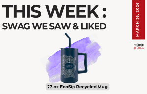 Text above reads "This Week: Swag We Saw and Liked." Below is an image of the 27 oz EcoSip Recycled Mug in Navy
