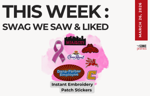 Text above reads "This Week: Swag We Saw and Liked." Below is an image of a collection of Instant Embroidery Patch Stickers