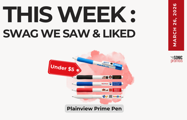 Text above reads "This Week: Swag We Saw and Liked." Below is an image of a collection of the Plainview Prime Pens