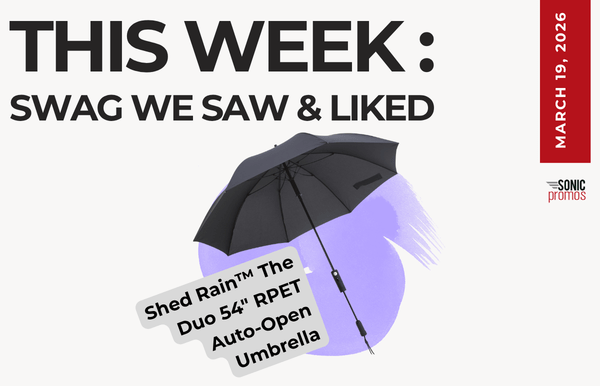 Text above reads "This Week: Swag We Saw and Liked." Below is a picture of the Shed Rain Duo umbrella, opened