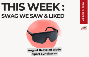 Text above reads "This Week: Swag We Saw and Liked." Below is an image of the recycled sport sunglasses in black