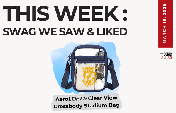 Text above reads "This Week: Swag We Saw and Liked." Below is a picture of the Aeroloft Clear view crossbody stadium bag