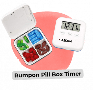 Pictured is the Rumpon pill box timer. A closed box and an open box with four compartments are shown
