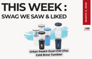 Text above reads "This Week: Swag We Saw and Liked." Below is an image of the Urban peak dual chill cold brew tumbler. There are four tumblers clustered together to show the color options and one to the side that is expanded to show how the system fits together.