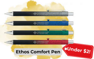 an image of four of the Ethos Comfort Pens in Grey, Blue, Green and Red. A red tag points at them with the text "Under 
