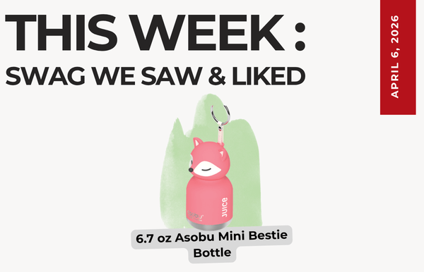 Text above reads "This Week: Swag We Saw and Liked." Below is an image of the Asubo Mini Bestie Bottle in the Fox Shape
