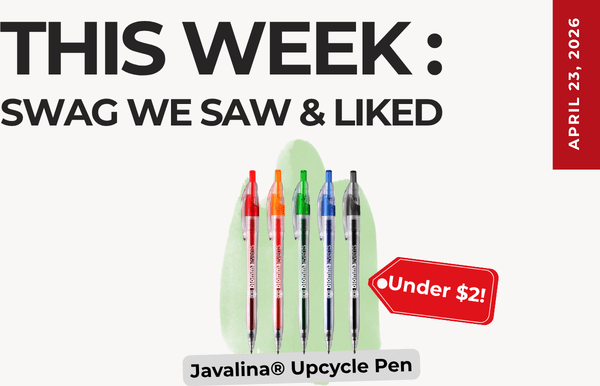Text above reads "This Week: Swag We Saw and Liked." Below is an image Javalina Upcycle Pens collection. There's a red tag pointing at the pens with the text "Under $2"