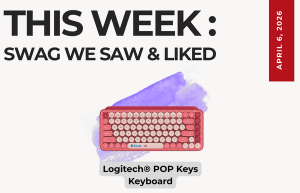 Text above reads "This Week: Swag We Saw and Liked." Below is an image of the Logitech POP Keys Keyboard in pink