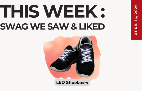 Text above reads "This Week: Swag We Saw and Liked." Below is an image of a pair of shoes with LED shoeslaces on them