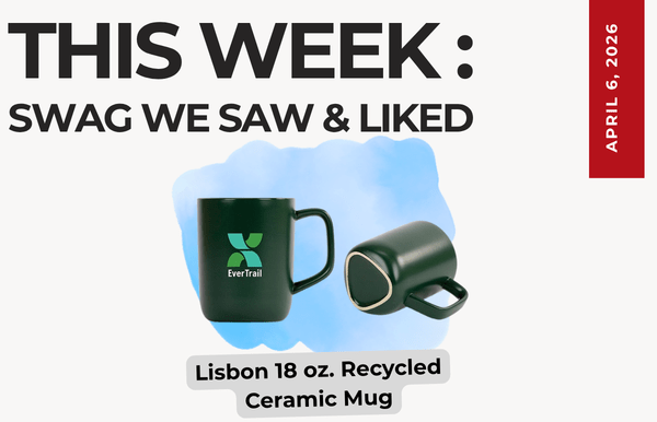 Text above reads "This Week: Swag We Saw and Liked." Below is an image of the Lisbon Recycled Ceramic Mug