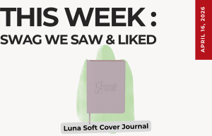 Text above reads "This Week: Swag We Saw and Liked." Below is an image of the Luna Soft Cover Journal