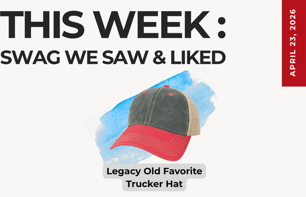 Text above reads "This Week: Swag We Saw and Liked." Below is an image of the Legacy Old Favorite Trucker Hat