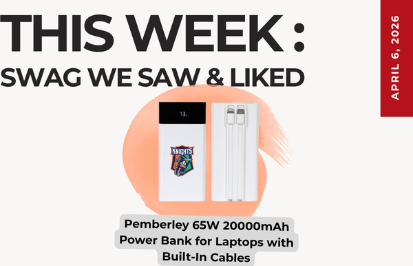 Text above reads "This Week: Swag We Saw and Liked." Below is an image of the Pemberley 65W 20000 mAh Power Bank