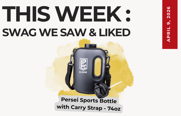 Text above reads "This Week: Swag We Saw and Liked." Below is an image of the Persei Sports Bottle with Carry Strap