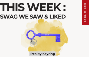 Text above reads "This Week: Swag We Saw and Liked." Below is an image of the Reality Keyring