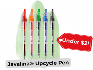 An image of the Javalina Upcycle Pen with a red tag pointing to the pens with text "Under 