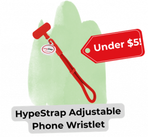 An image of the red HypeStrap Adjustable Phone Wristlet. A red tag points to it with the tag reading "Under !"