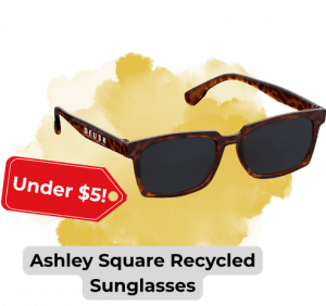An image of the Ashley Square Recycled Sunglasses. A red tag points to it with the tag reading "Under !"