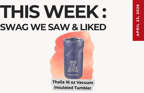 Text above reads "This Week: Swag We Saw and Liked." Below is an image of the Thalia 16oz Vacuum Insulated Tumbler