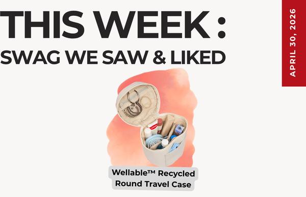 Text above reads "This Week: Swag We Saw and Liked." Below is an image of the Wellable Recycled Round Travel Case