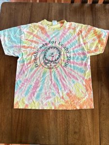 A tie dye rainbow shirt with the Deadheads for Leahy 2006 printed on it