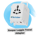Xoopar Luggie Travel Adapter, a white compact power adapter with multiple plug options, shown on a blue circular background.