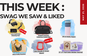 Collage of six swag items for This Week: Swag We Saw & Liked, including a golf cleaning tool, a black duffel bag, a blue water bottle, micro puffy pouches, a mini doodle N' erase board, and a color sticker journal.
