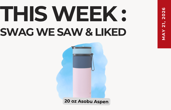 Cover image for This Week: Swag We Saw & Liked, showing a pink 20 oz Asobu Aspen bottle with a blue backdrop and a May 21, 2026 date badge on the right.