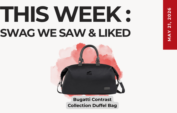 Promotional graphic announcing this week's swag, featuring a black Bugatti duffel bag against a pink watercolor splash.