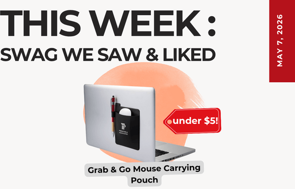 Promotional graphic announcing this week’s swag, featuring a laptop with a Grab & Go Mouse Carrying Pouch and a red “under $5” tag. May 7, 2026 is shown on the side bar.