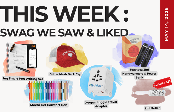 Collage for a blog post titled 'THIS WEEK: SWAG WE SAW & LIKED' featuring six swag items: