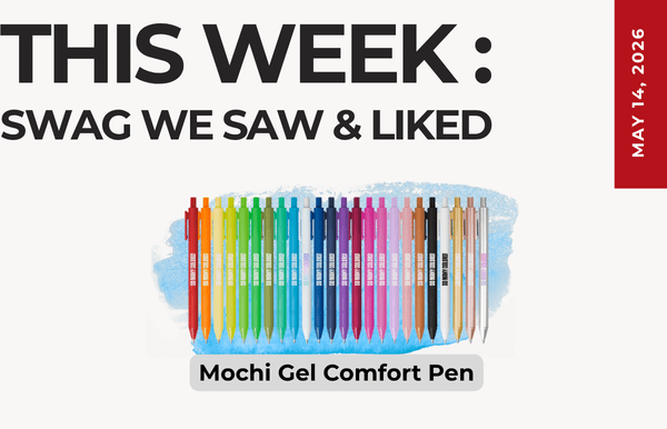 Promotional graphic titled 'THIS WEEK: SWAG WE SAW & LIKED' featuring a rainbow row of Moji Gel Comfort Pens on a blue brushstroke background, with a May 14, 2016 date badge.