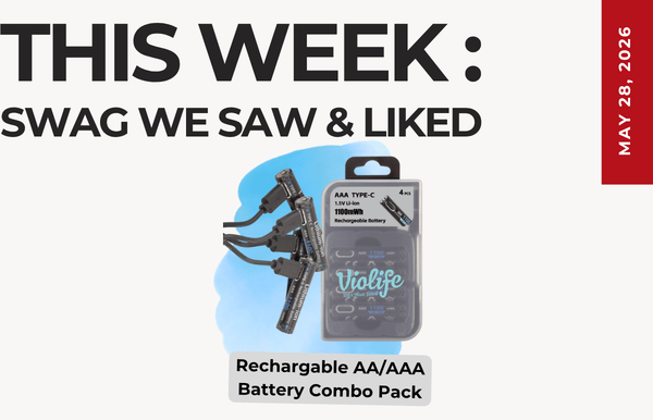 Promotional banner announcing this week's swag, featuring a rechargeable AA/AAA battery combo pack with charger