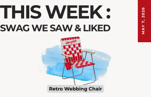 Text above reads "This Week: Swag We Saw and Liked." Below is an image of the Retro Webbing Chair in Red and white
