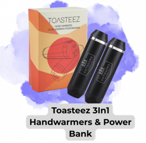 Image of two Toasteez 3 in 1 Handwarmers next to their retail box