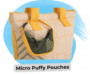 swag we saw and liked 521 15 - Sonic Promos | Custom Promotional Items A micro puffy pouch in green is attached to the handle of a larger yellow puffy pouch
