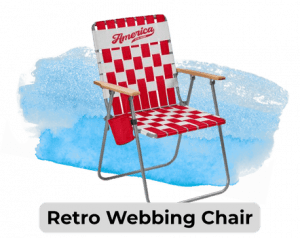 Retro folding chair with red-and-white checkered webbing and wooden arms on a blue splash background.