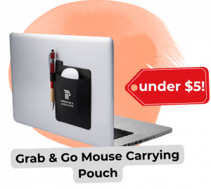 Silver laptop with a black desk pouch holding a pen and mouse, over an orange badge, labeled 'Grab & Go Mouse Carrying Pouch' with a red 'under $5!' tag.