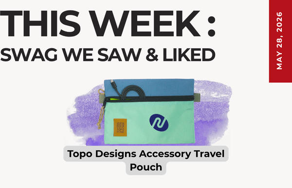 Promo card titled 'This Week' featuring a turquoise Topo Designs travel pouch on a purple brush-stroke background (May 28, 2016).