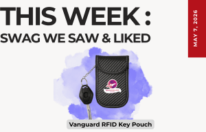 Banner for this week’s swag post, showing a Vanguard RFID Key Pouch with a key and purple watercolor background.